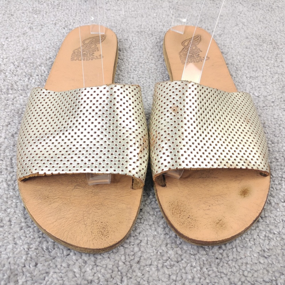 Ancient Greek Sandals Womens 41 EU Metallic Gold Leather Perforated Slides Flats